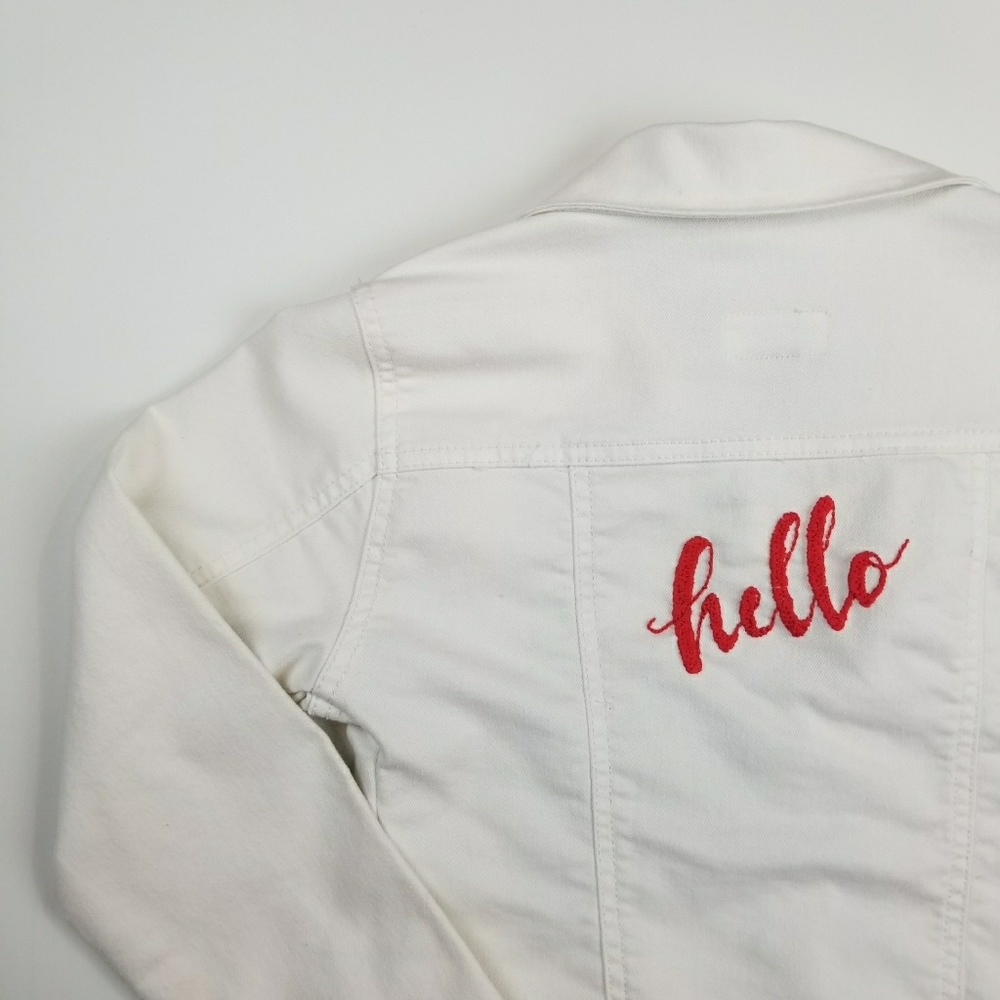 Girls 8 White Denim Jean jacket embroidered hello
